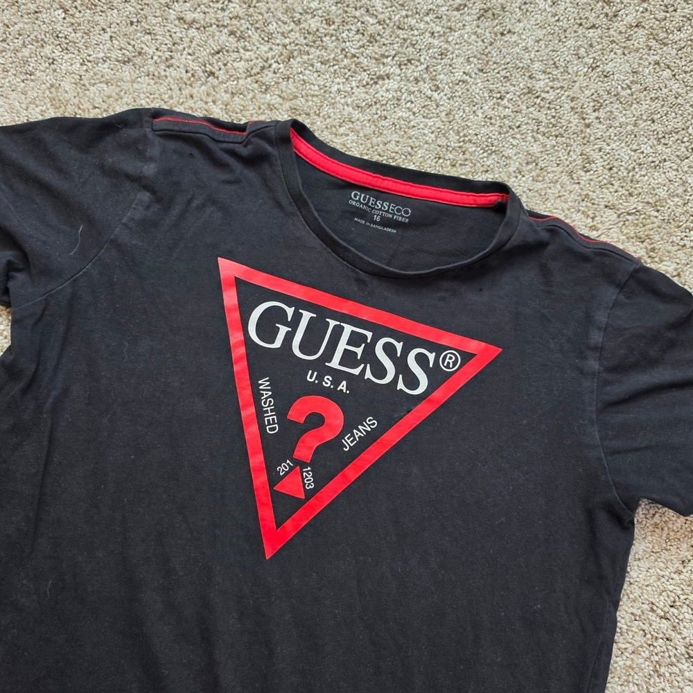 Guess Shirt Girls Size 16 Black Red Short Sleeve Organic Cotton Streetwear Kids